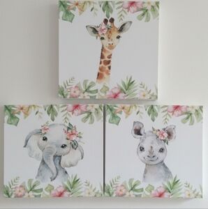 Floral Animal Canvas Wall Art Set Adorable EUC